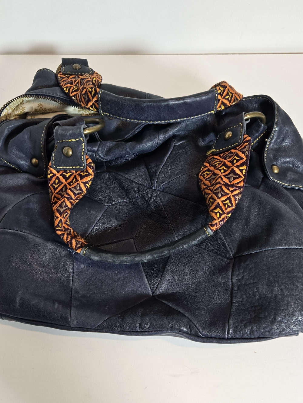 Plenty by Tracy Reese Navy Leather Shoulder Bag with Orange Embroidered Straps